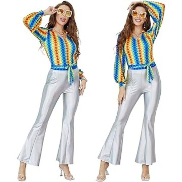 NWT Joy Bang 70s Disco Costume Set Size S with Rainbow Top Silver Bell-Bottoms - Picture 1 of 8